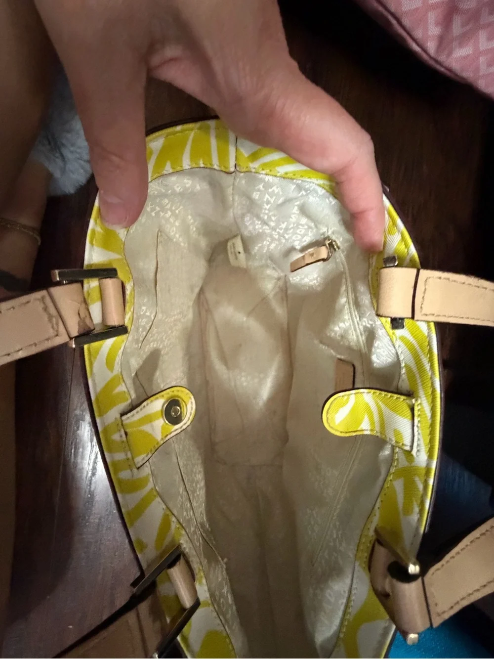 Kate Spade Yellow Palm-Print Tote Bag with Tan Handles
